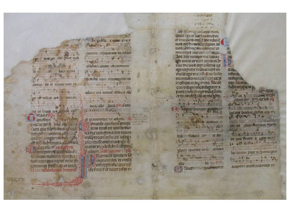 Fondo notarile Sezione di Sciacca. Frammento codice liturgico utilizzato come coperta del registro 1451 del Notaio G. Falsone (sec. XIV).